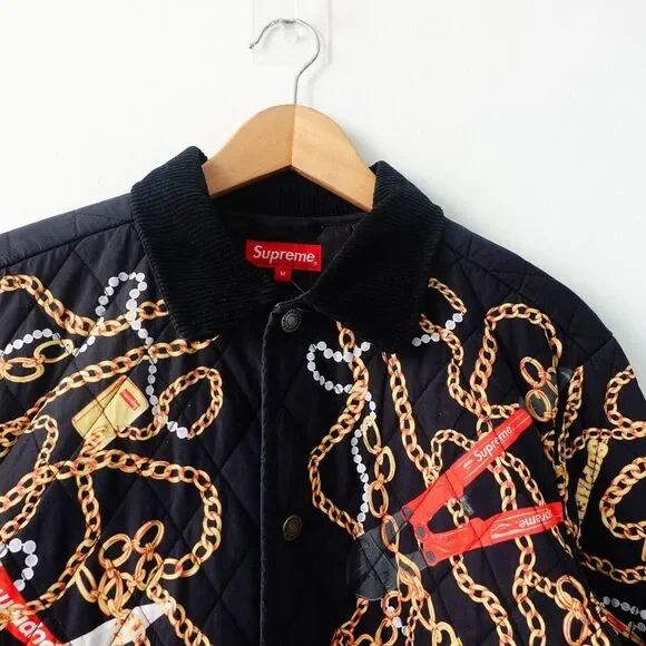 SUPREME Jacket Medium Black Gold Chain Quilted Reverse‎ Streetwear Y2K Logo NWT